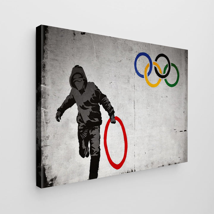 Giallobus - Gemälde - Banksy - - Standardleinwand - 50x35-11 - Olympischer Kreis - Bereit zum Aufhän