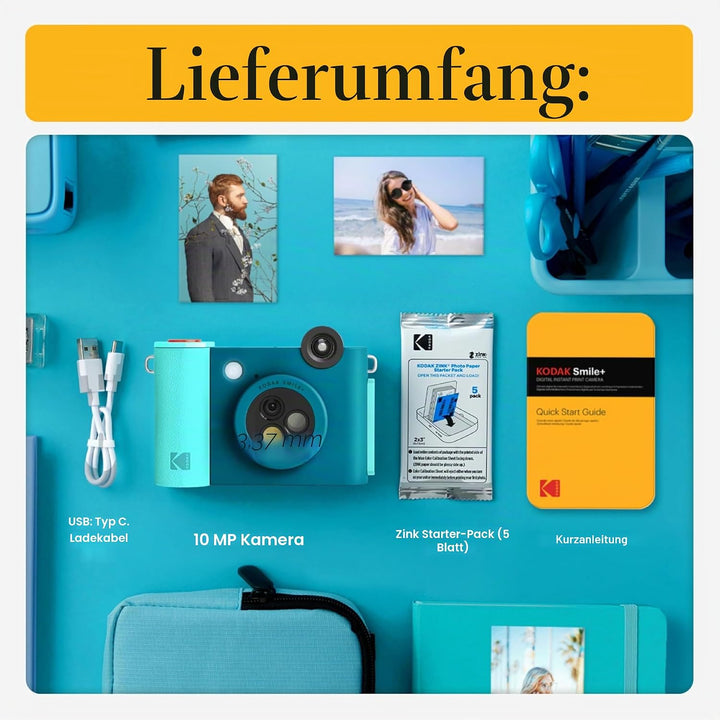 Kodak Smile+ 2-in-1 Digitale Sofortbildkamera & Bluetooth Fotodrucker Starterpaket + Tragetasche + Z