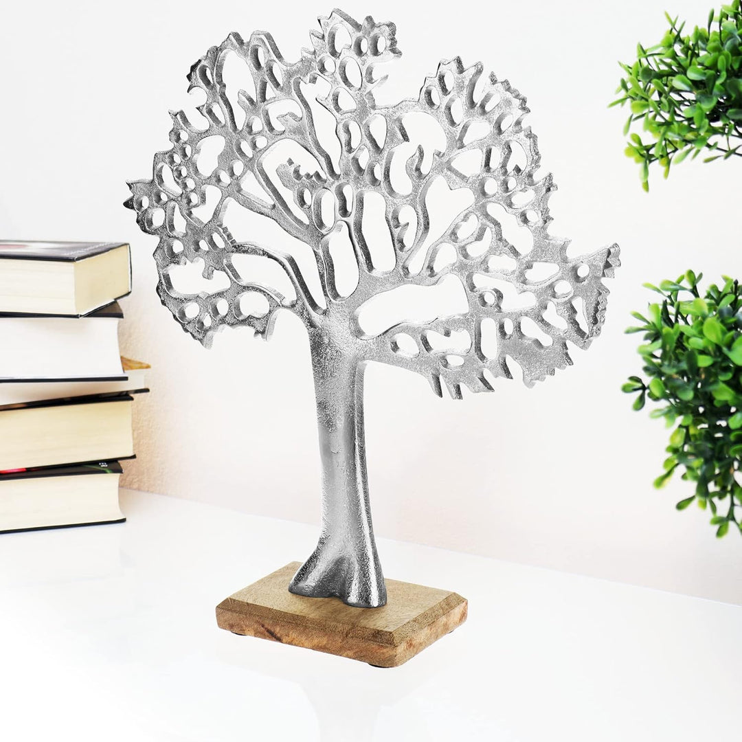 com-four® Deko-Aufsteller Baum XL - Metall-Baum auf Holzsockel - Deko-Baum aus Metall zum Hinstellen