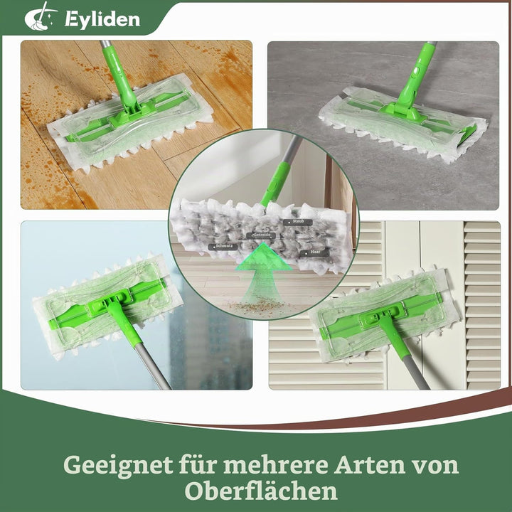 Eyliden Bodenwischer Starter-Set, 1 Stab + 24 Trockene Bodentücher + 12 Feuchte Bodentücher, 3-in-1