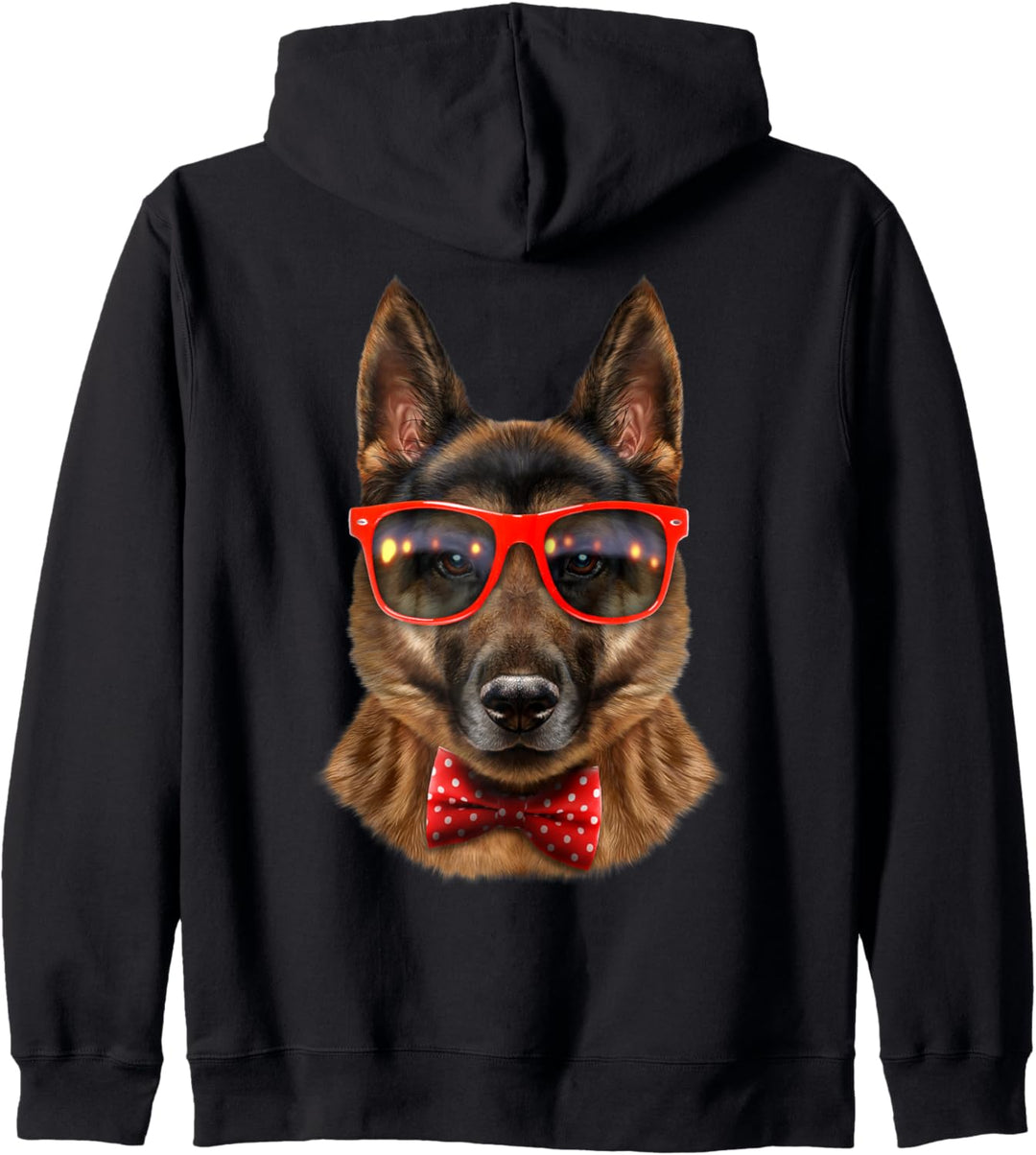 Deutscher Schäferhund trägt rote Sonnenbrille mit Fliege Kapuzenjacke