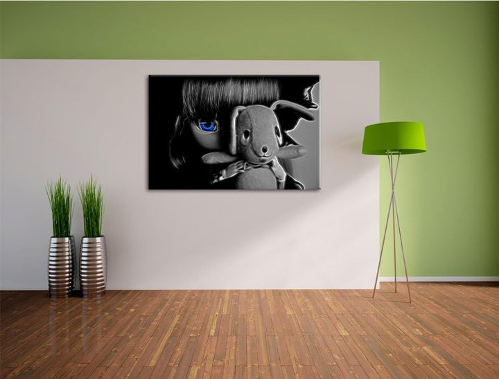 Dark anmutige Rotkäppchen-Pullip mit Hundekuscheltier schwarz/weiss Deluxe Format: 100x70 cm auf Lei