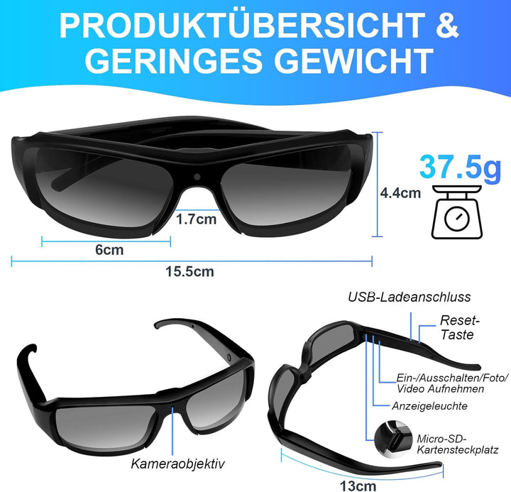 Ninsanmoon Sonnenbrille Sportkamera HD 1080P Brille Mini Action Kamera, 32GB Sonnenbrille Sport Acti