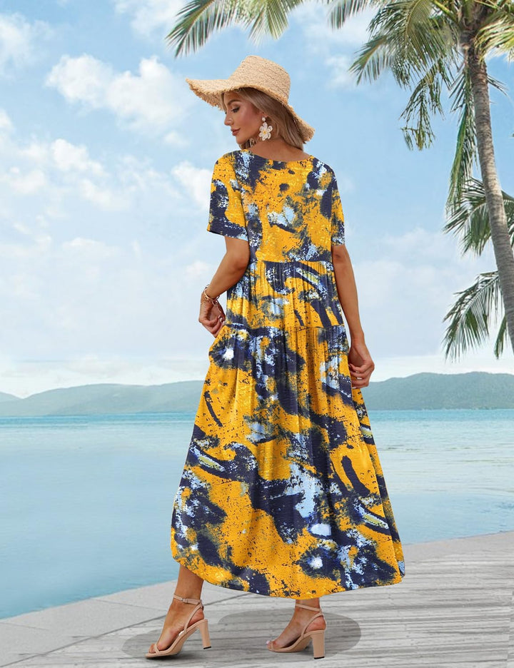 YESNO Damen Kleider Freizeit Lose Sommerkleid Lang Boho Maxikleid für Rundhals Strandkleid Blumenkle
