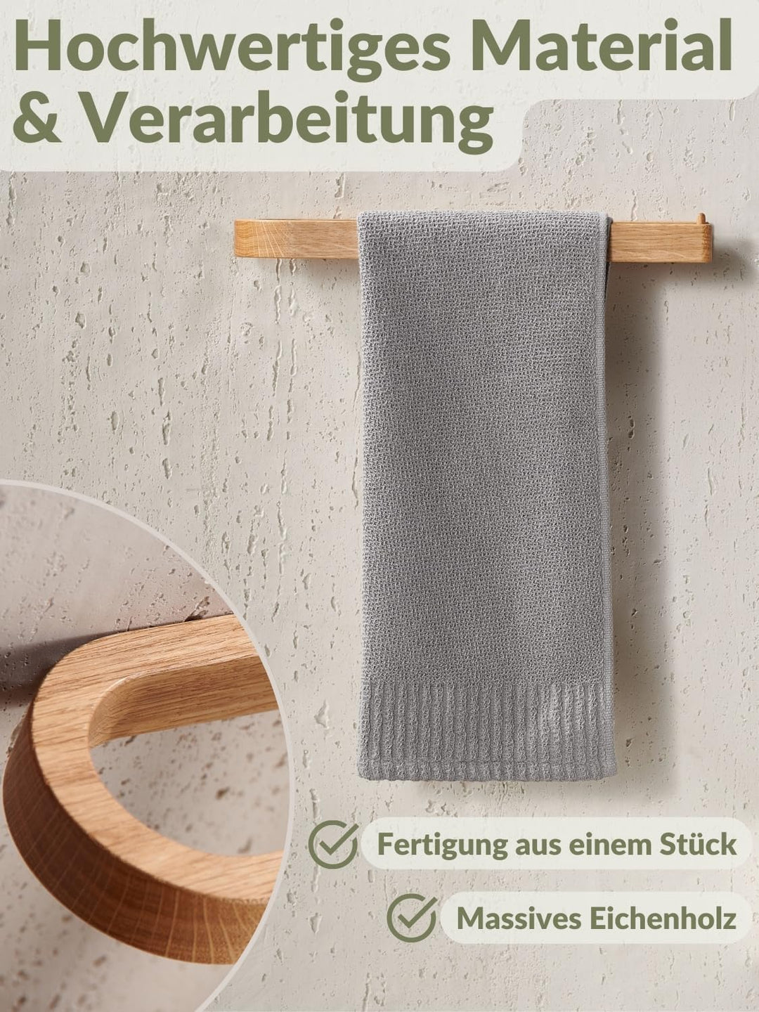 DEKAZIA® Handtuchhalter Holz Wand | Handtuchhalter ohne Bohren Holz | Handtuchstange aus nachhaltige
