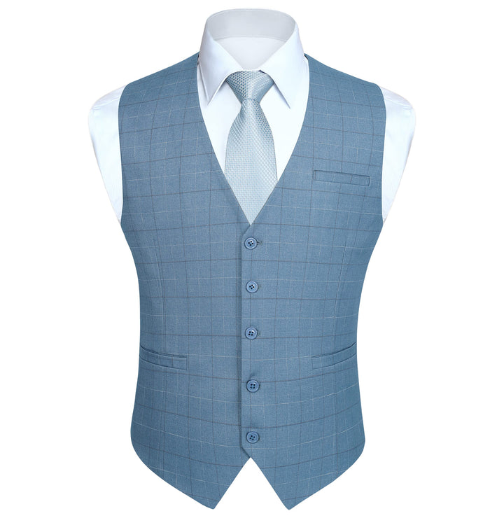 HISDERN Manner Formale Hochzeitsfeier Weste Baumwolle Plaid Kleid Anzug Weste für Herren Hellblau L,