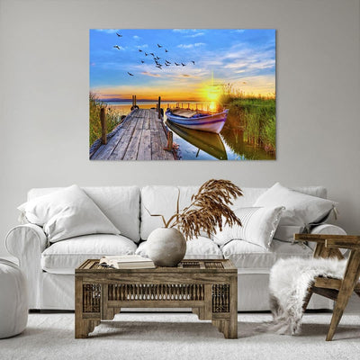 Bilder auf Leinwand 100x70cm Leinwandbild mit Rahmen See Boot Wasser Gross Wanddeko Bild Schlafzimme