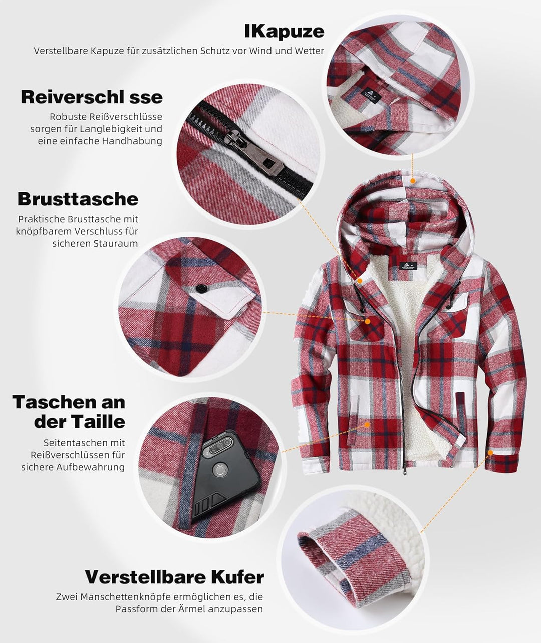 JACKETOWN Hemdjacke Kariertes Herren hoodies Flanelljacke Warm Thermohemd Herren Holzfäller Jacke Ve