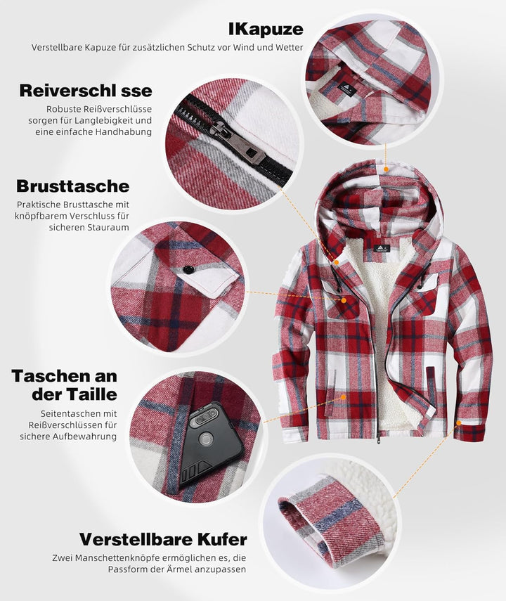 JACKETOWN Hemdjacke Kariertes Herren hoodies Flanelljacke Warm Thermohemd Herren Holzfäller Jacke Ve