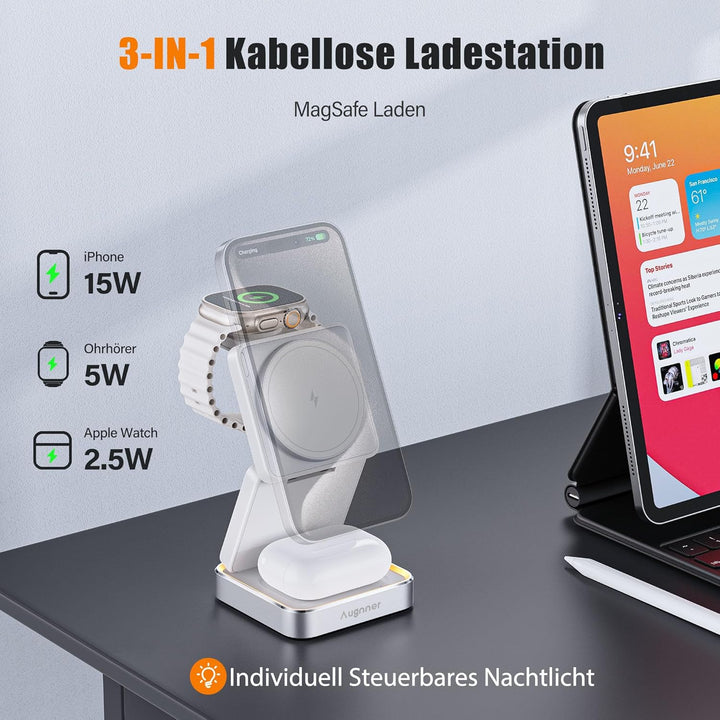 Ladestation Apple Watch und iPhone, 3 in 1 Apple MagSafe Ladegerät Faltbar Wireless Charger für Appl
