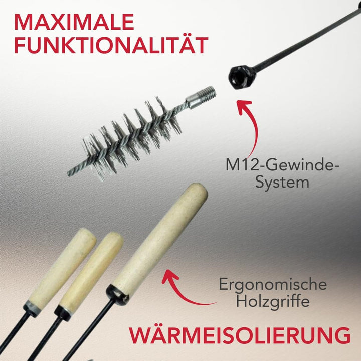 6 Tlg. Kaminbesteck: Schürhaken + Besen + Ascheschaber 70cm + Heizkesselbürste mit Schubstange + Koh