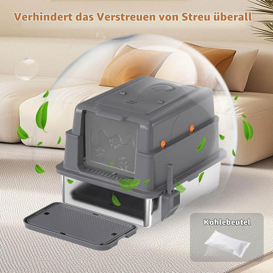 Homegroove XXXL Katzenklo Edelstahl mit Deckel, 70x50x45 Extra Grosses Katzenklo mit Schaufel &amp; Fuss
