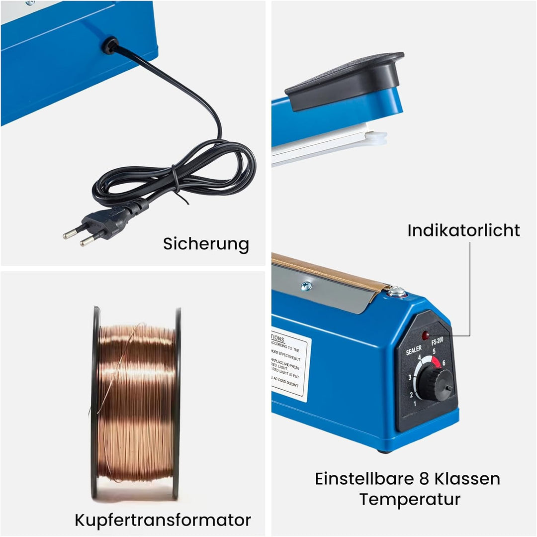 Heisssiegelgerät 200mm Beutelverschliesser Folienschweissgerät Impuls Schweissgerät Verschweisser Zu
