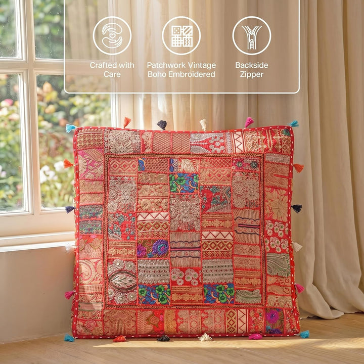 THE ART BOX Baumwolle Patchwork Vintage Boho Bestickt Bodenkissen & Kissenbezug Hund Pouf Sitzpouf M