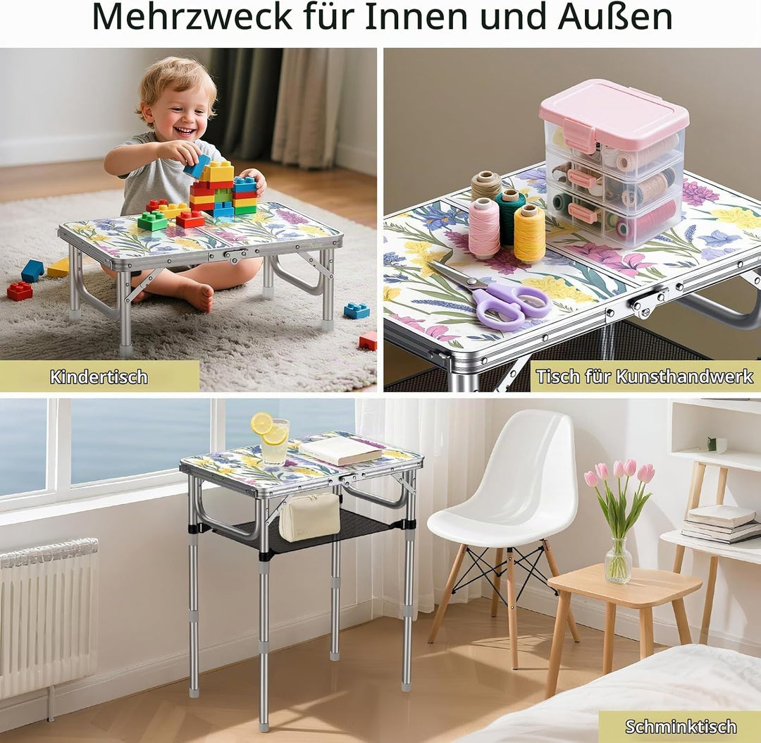 Anbte Campingtisch Klappbar 58x40cm Aluminium-Rahmen Picknicktisch 3 Höhen Verstellbar 26/48/70cm MD