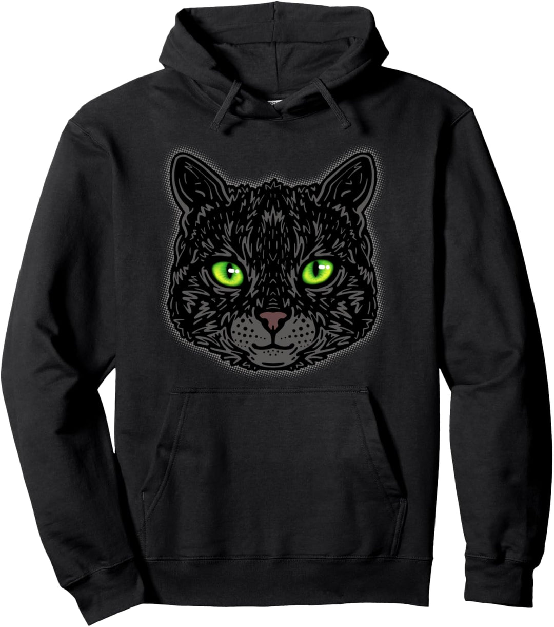 Schwarzes Katzengesicht mit grünen Augen Animal Print Pullover Hoodie
