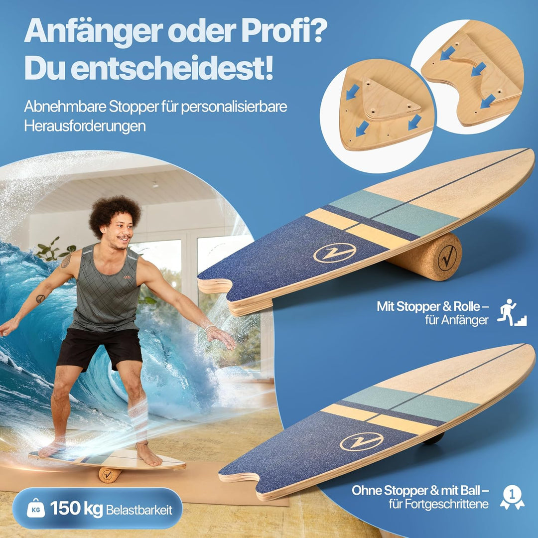 Balance Board aus Holz in Surfboard Form inkl. Rolle für Neuromuscular Response Training +Plus: Halt