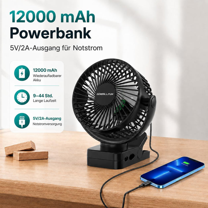 15,2 cm (6 Zoll) 12000 mAh Clip Ventilator Akku mit Fernbedienung, USB wiederaufladbar mit LED-Licht