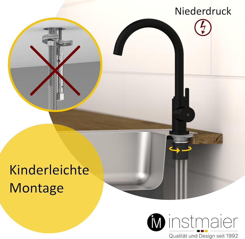 instmaier K3 Niederdruck Küchenarmatur | Wasserhahn Küche Schwarz matt | Spültischarmatur mit hohem