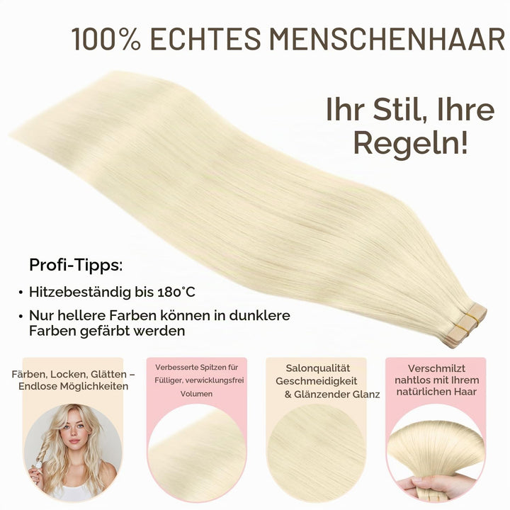 hotbanana Tape in Extensions Echthaar, 35cm Tape Extensions Echthaar 14 Zoll 20 Stück 50g Platinblon