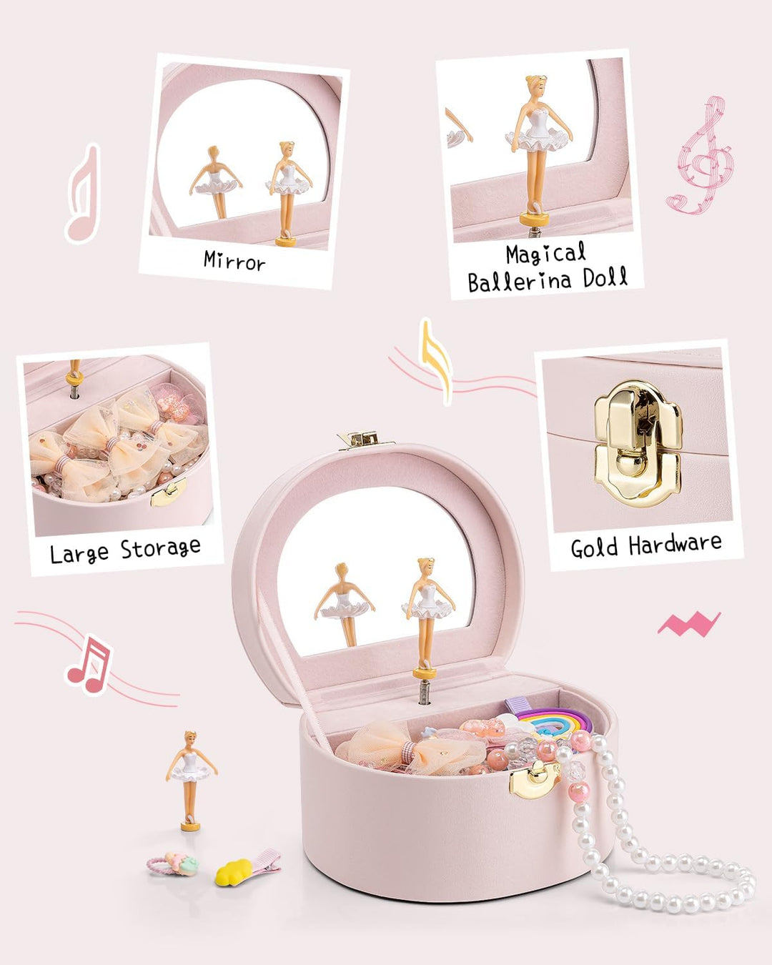 Vlando Schmuckkästchen Mädchen mit Spieluhr, Schmuckkasten Kinder mit Drehendem Ballerina & Spiegel,