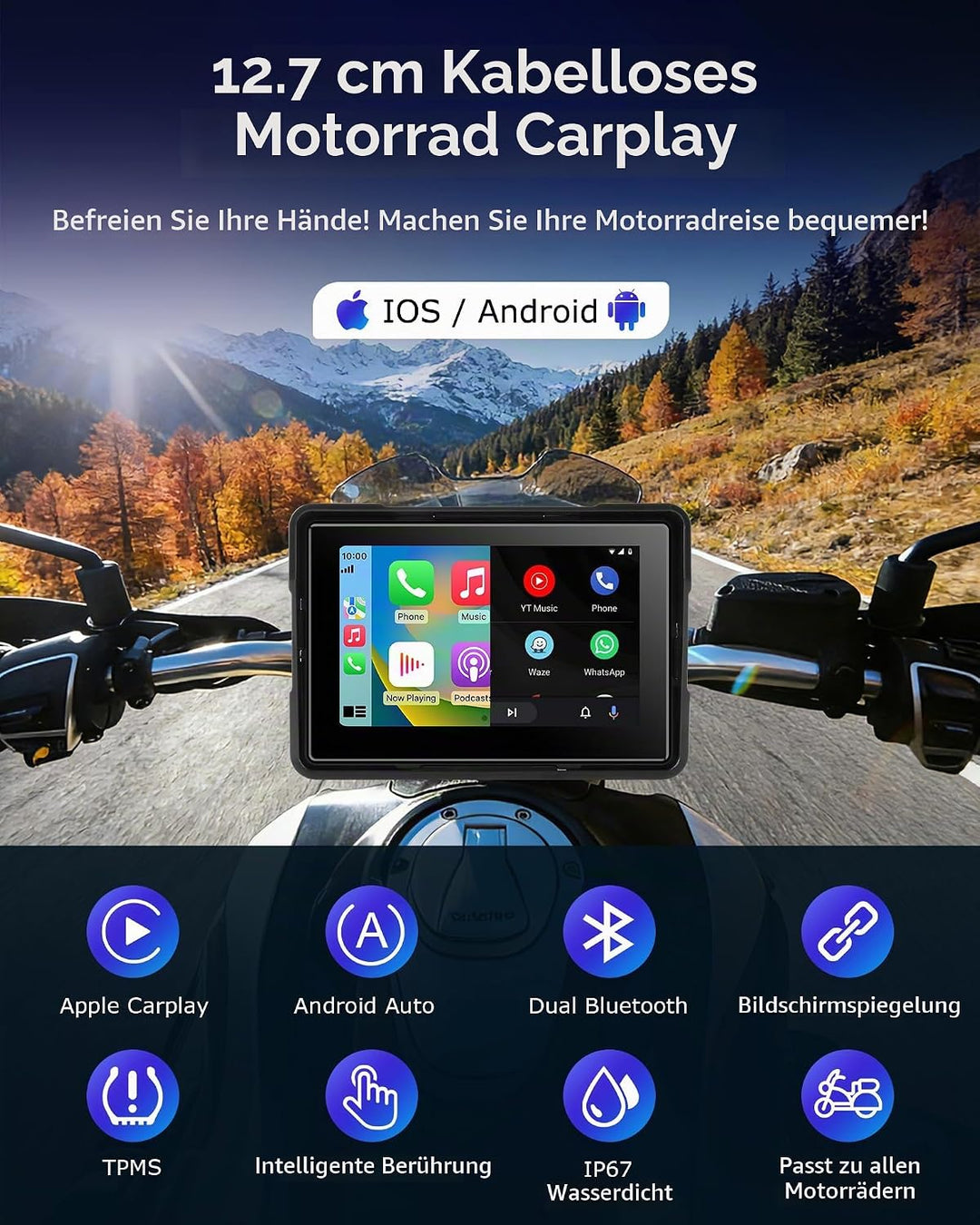 Jansite Motorrad Carplay Bildschirm Android Auto mit TPMS Reifendruckkontrollsystem, Motorrad Navi m