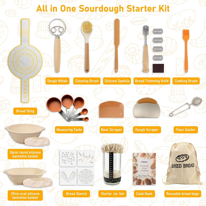 Sauerteig Starter Set, Gärkorb Oval 29 cm &amp; Rund 26 cm Abdeckhaube Gärkorb | ITSHINY Brot Backen Zub