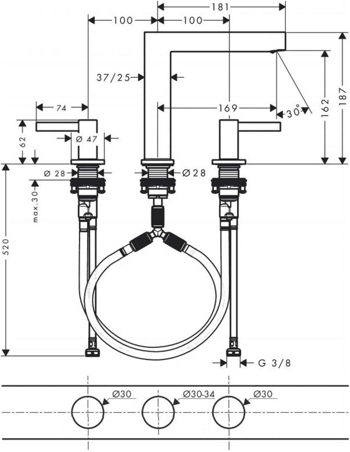 hansgrohe 3-Loch Waschtischarmatur Finoris, Wasserhahn Bad mit Auslauf Höhe 160 mm, mit Push-Open Ab