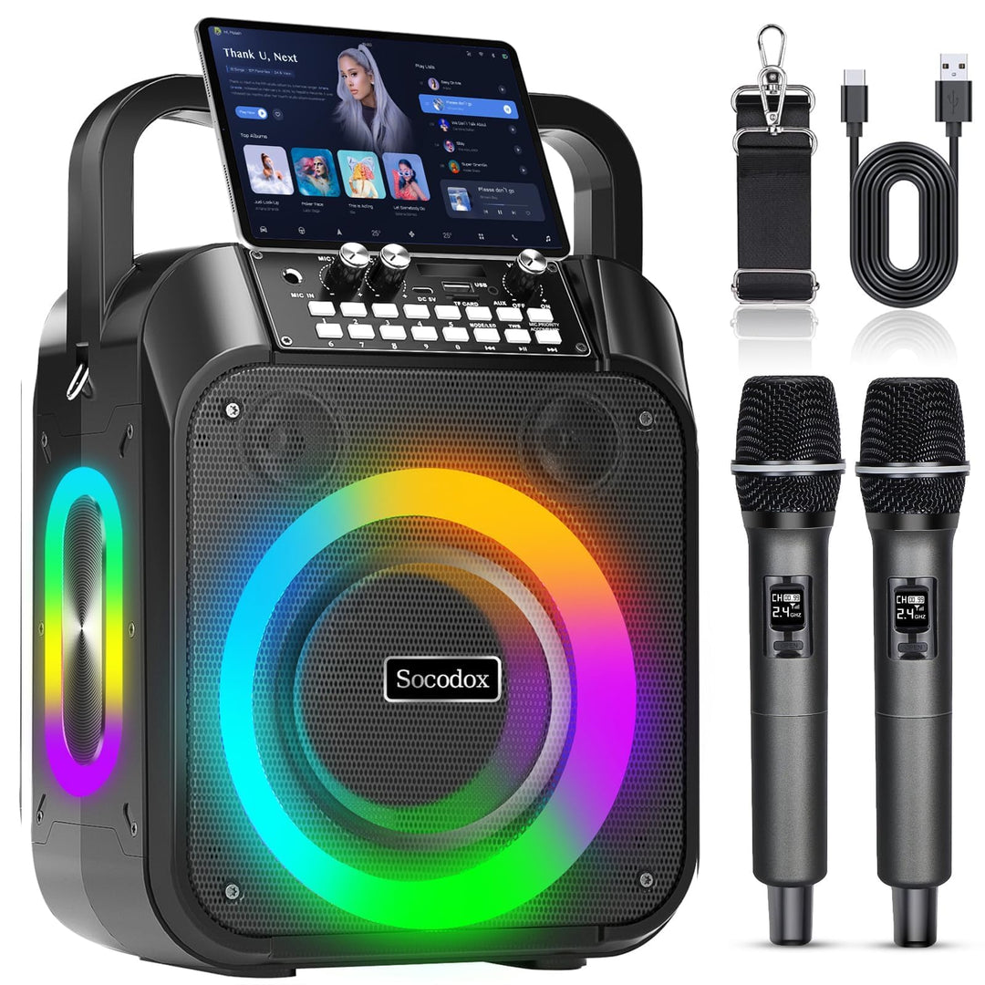 Karaoke Maschine,30W Tragbare Bluetooth Lautsprecher mit 2 Drahtlosen Mikrofon,6000mAh Akku 8H Spiel