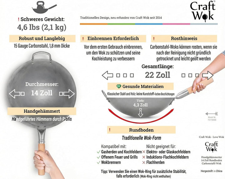 Craft Wok Traditioneller handgehämmerter Wok aus Karbonstahl mit Griff aus Holz und Stahl (Durchmess