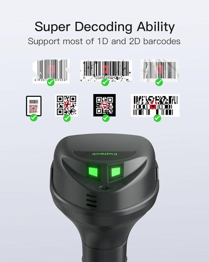 Inateck Barcode Scanner Kabellose, QR Code Scanner mit Smart Base, 1D/2D, Bluetooth/2.4G/USB 3-in-1-