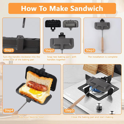 Doppelseitige Sandwichmaker, Sandwichtoaster a Gas Antihaft Sandwicheisen Flip Grillpfanne für Waffl