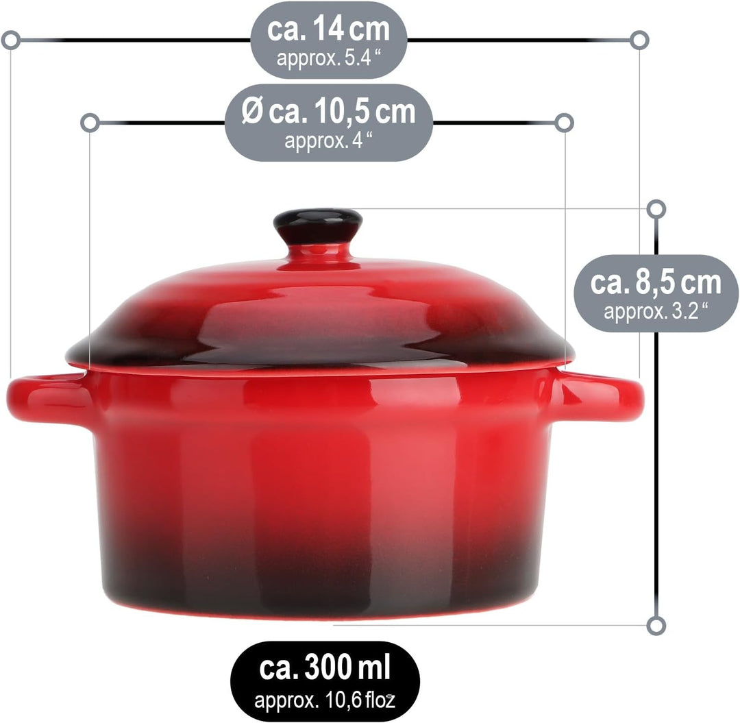 com-four® 4x Auflaufform mit Deckel aus Keramik - Dessertschale für z.B. Ragout fin in orange und ro