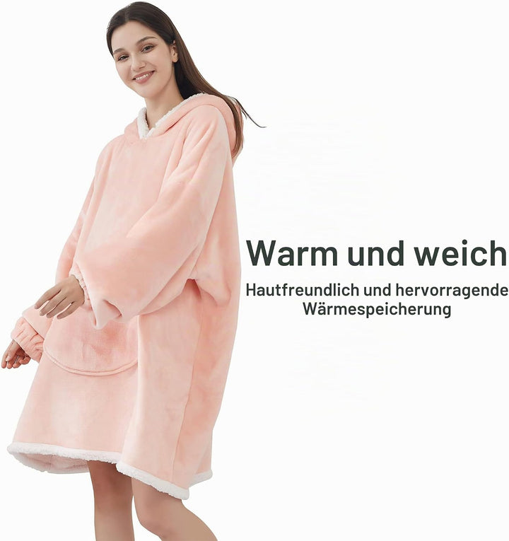 softan Hoodie Sweatshirt Decke Robe, Grosser Sherpa Plüschpullover mit übergrossen Taschen,Super Wei