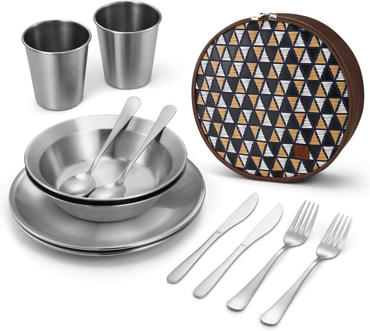 Odoland Campingbesteck Set Geschirrset 13 PCS aus Edelstahl Tafelservice mit Etui Messer Gabel Löffe