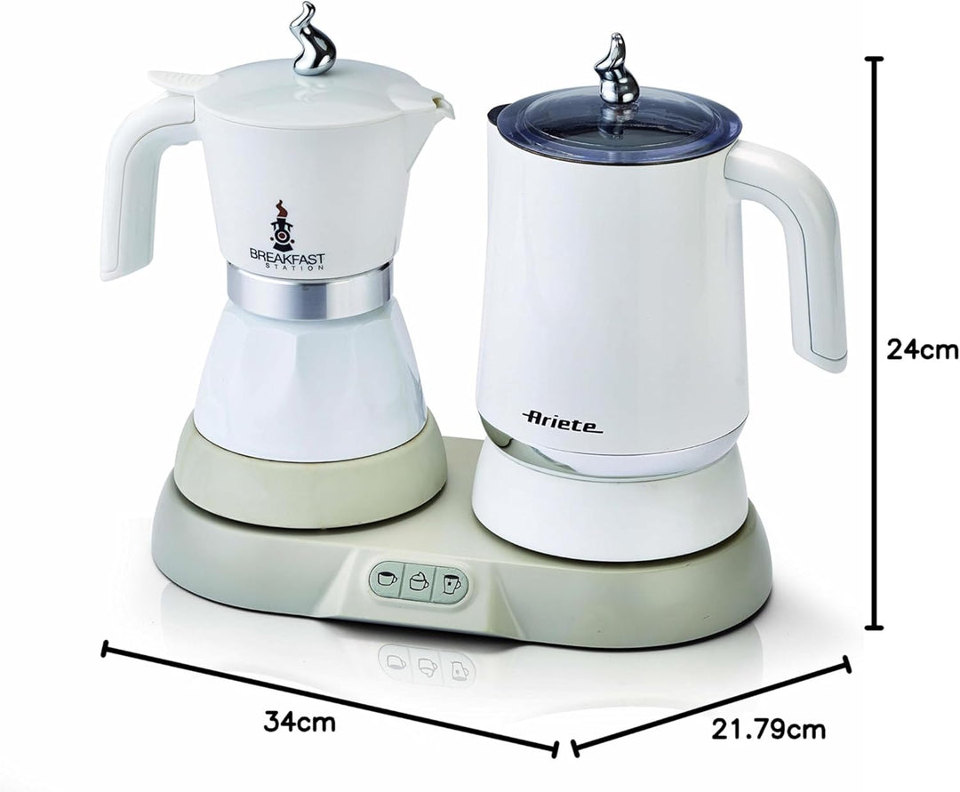 Ariete 1344 Frühstücksstation, 3 Produkte in 1: Moka-Milchaufschäumer-Heiss und Kalt, 500W, 4/2 Tass
