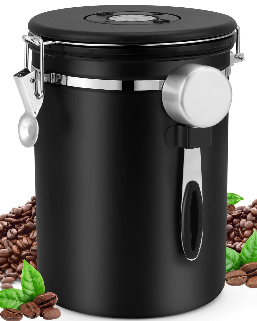 ZWOOS Kaffeedose Luftdicht 1kg - Kaffeebohnen Behälter aus Edelstahl mit CO2-Ventil - mit Messlöffel