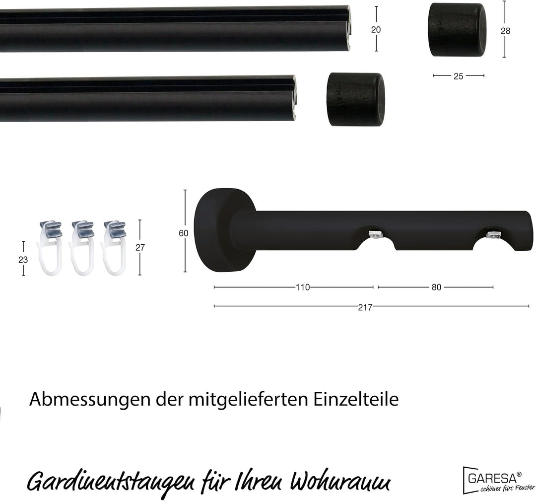 Garesa Gardinenstange Kea Ø 20mm, 2-läufig, Schwarz I Aluminium Vorhangstange inkl. Gleiter I Endkno