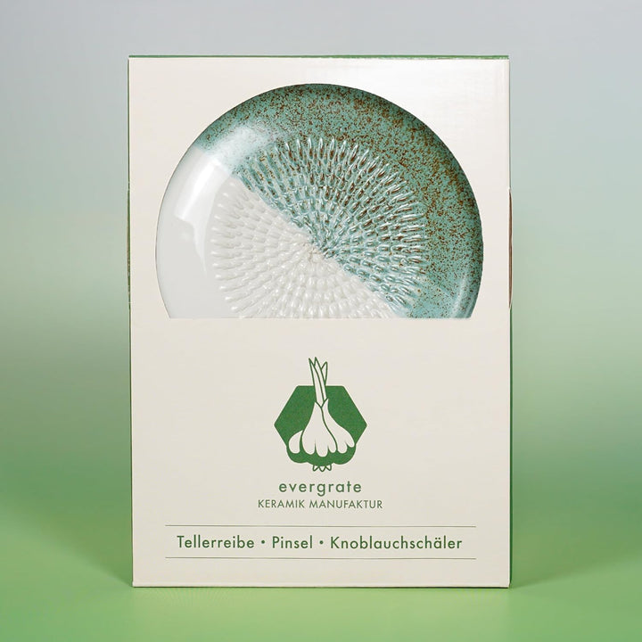 Evergrate® Keramikreibe Ice mit Geschenkbox – mit Reibe, Knoblauchschäler, Rezeptheft & Pinsel – Han
