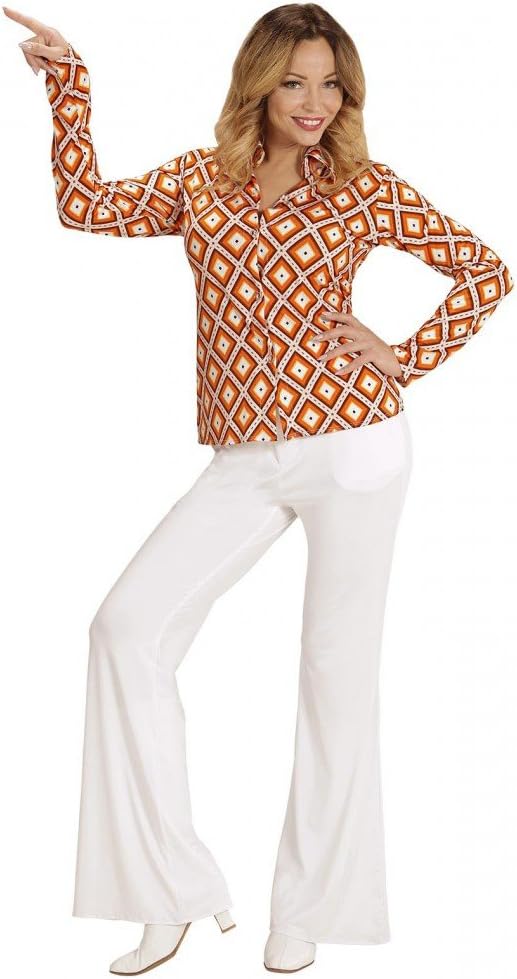 70er Jahre Retro Damen Bluse mit und ohne Muster Disco Kostüm Siebziger Oberteil Shirt L-XL Orange/G