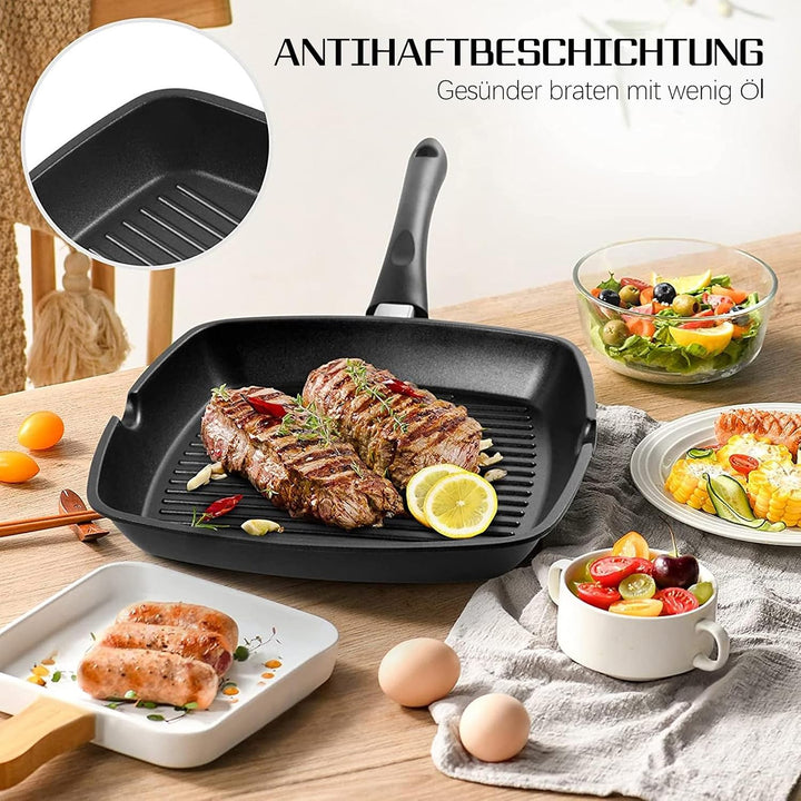 Grillpfanne 28×28 cm, Steakpfanne Induktion aus Aluminiumguss, induktionsgeeignet Pfanne, PFOA-freie
