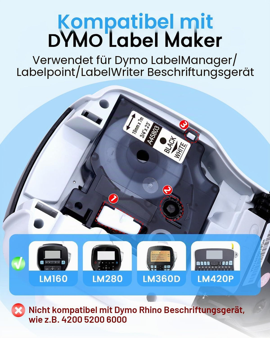 Oozmas A45803 Etikettenband Kompatibel mit Dymo D1 19mm x 7m Schwarz auf Weiss, 45803 Schriftband Ko