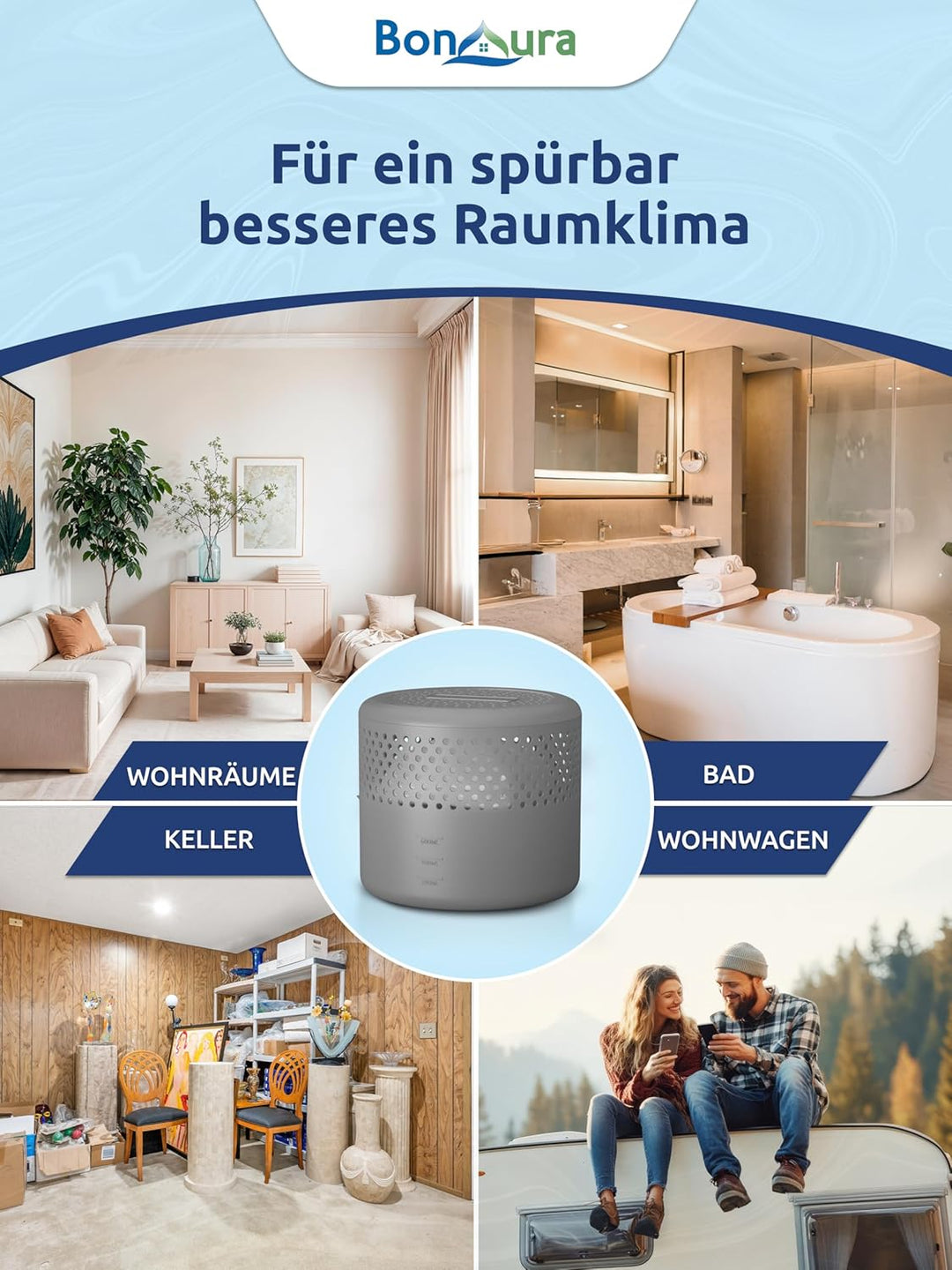 BonAura® 4x Luftentfeuchter ohne Strom + 8x 400g Luftentfeuchter Nachfüllpack - Raumentfeuchter bis