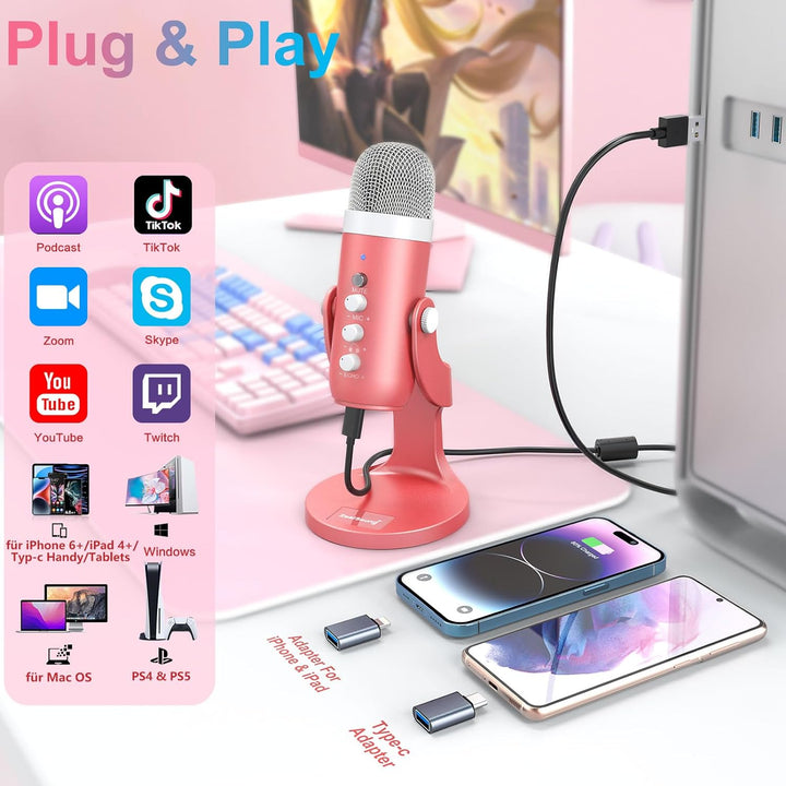 zealsound USB Mikrofon, k66 Gaming Mikrofon für Handy, PC, PS4&amp;5, Kardioid Studio Kondensatormikrofo