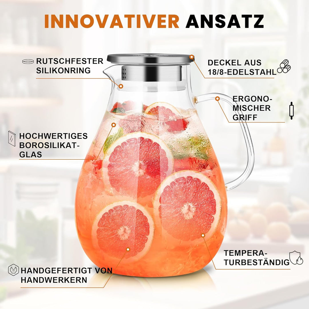SUSTEAS 3.0 Liter 101 Unzen Wasserkaraffe, Glaskaraffe mit Deckel und Breitem Griff, Leicht zu Reini