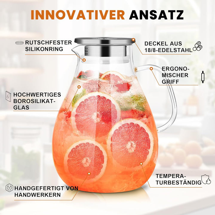 SUSTEAS 3.0 Liter 101 Unzen Wasserkaraffe, Glaskaraffe mit Deckel und Breitem Griff, Leicht zu Reini