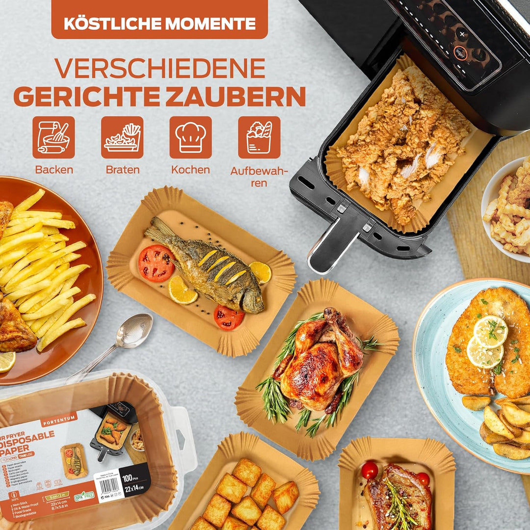 PORTENTUM Backpapier für Heissluftfritteuse mit Doppelkammer, 100 Stück 22x14cm Rechteckig Airfryer