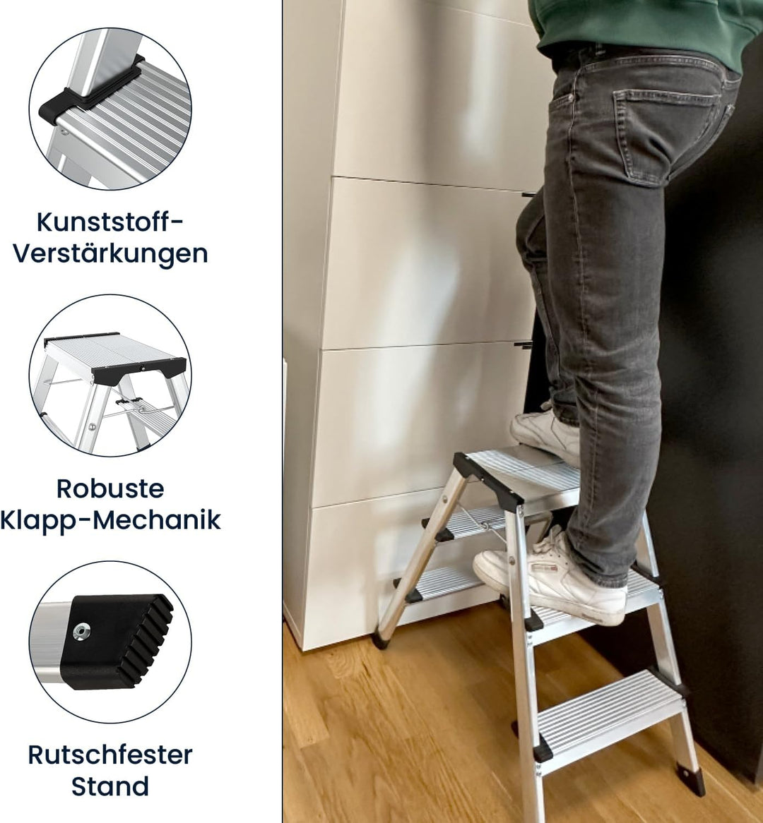 flexilife Trittleiter - Tritt Leiter Aluminium - Trittleiter 3 Stufen klappbar - Klappleiter bis 150