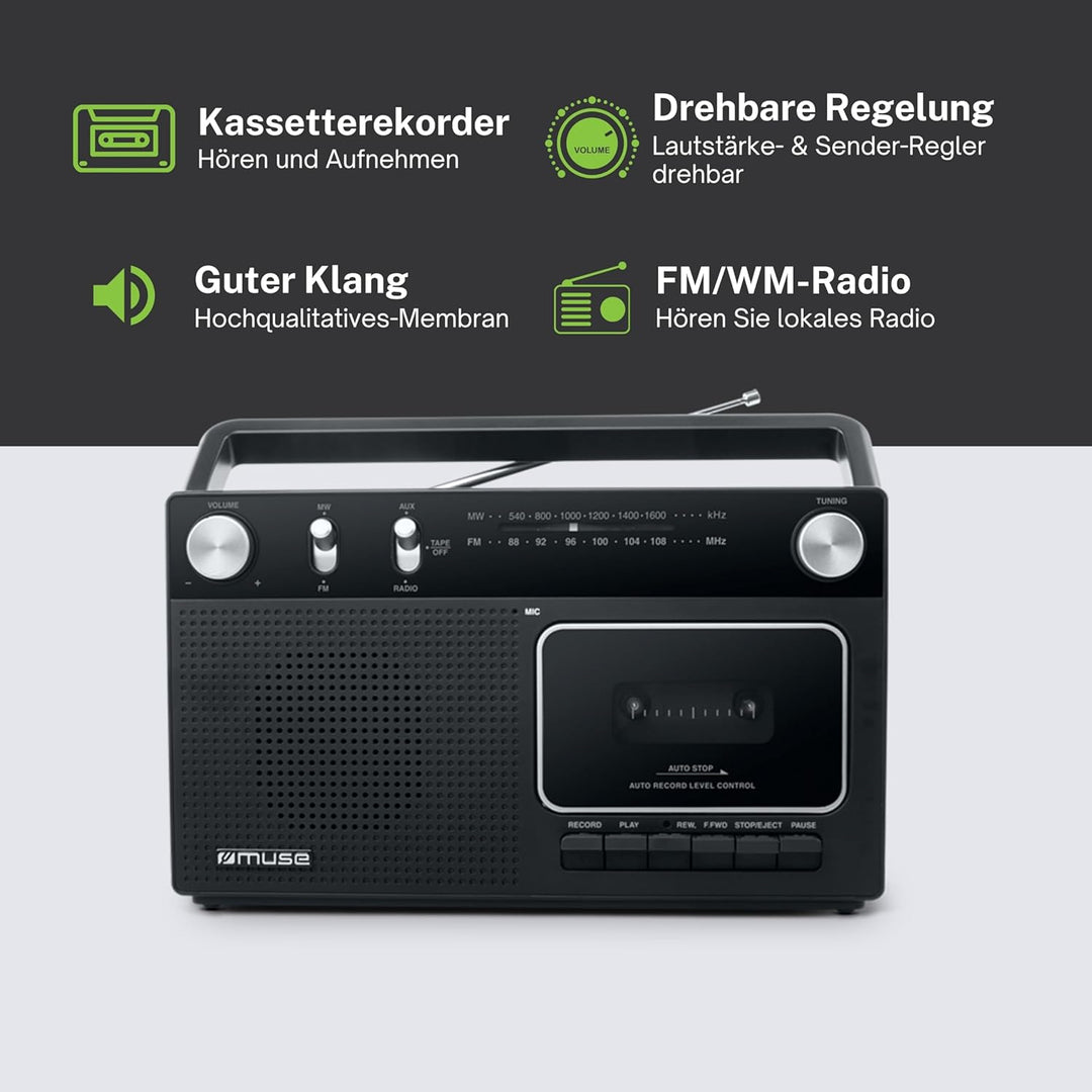 Muse M-152 RC Retro Kassettenrekorder mit Aufnahme-Funktion, Batteriebetrieb möglich (UKW und MW-Tun