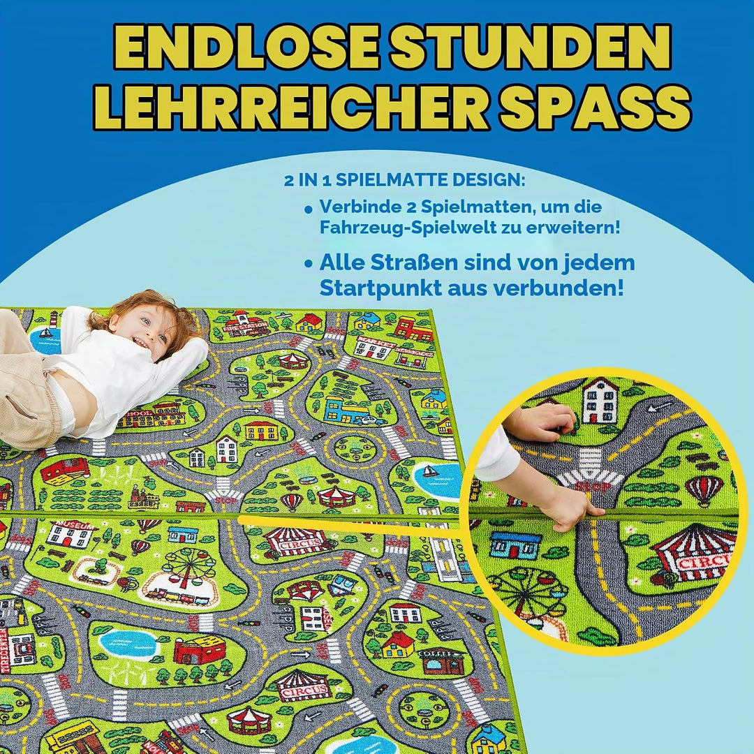 2 Teppich Kinderzimmer 80x150cm (Gesamt 160x150cm) für Kinder ab 3 Jahren, Spielteppich Strasse Kind
